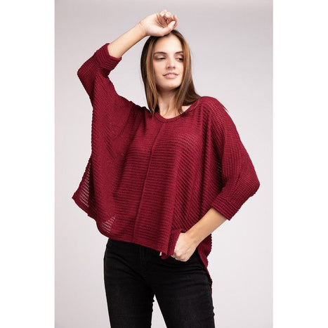 3/4 Sleeve V-Neck Hi-Low Hem Jacquard Sweater