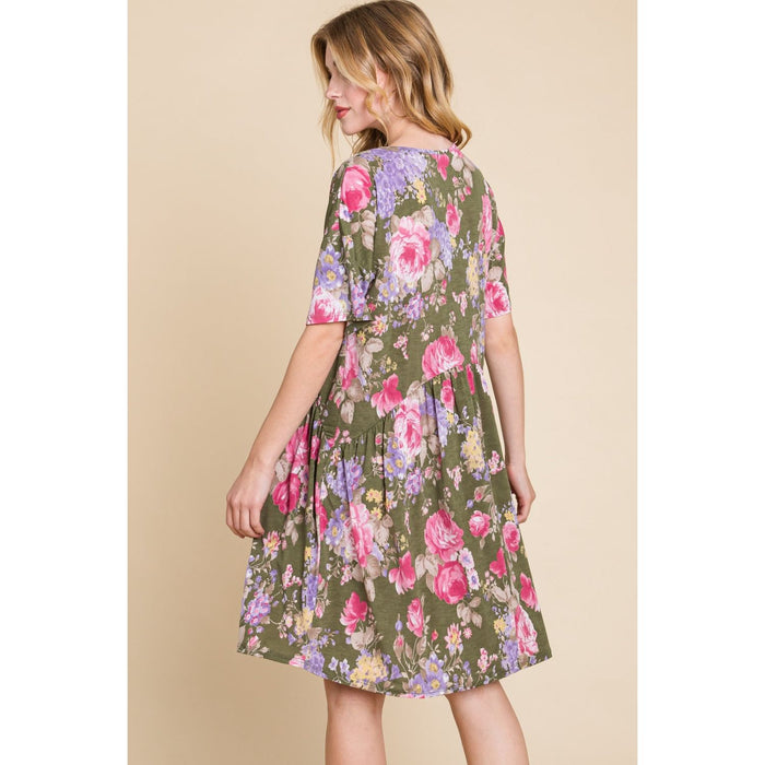 BOMBOM Flower Print V-Neck Ruched Dress