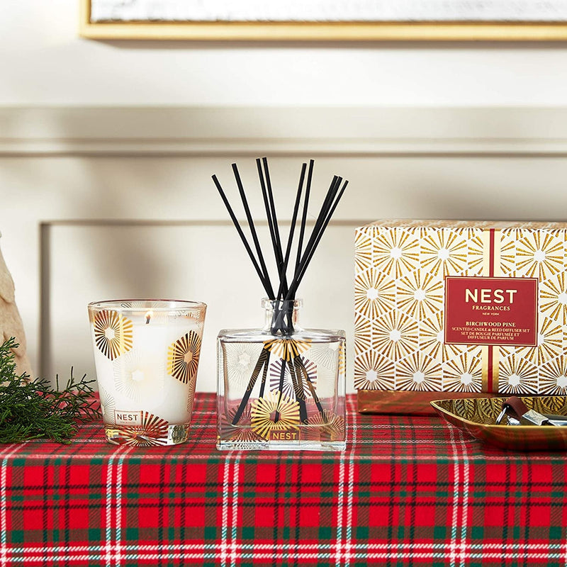 Nava Beauty Nest New York Birchwood Pine Classic Candle & Reed Diffuser Set Fragrance Antique White