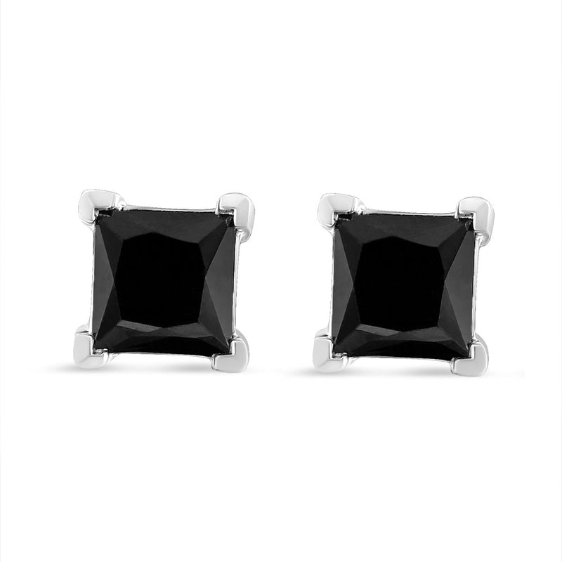 Bids.com 14K White Gold 1/2 Cttw Princess-Cut Treated Black Diamond Classic 4-Prong Stud Earrings with Push Backs (Fancy Color-Enhanced, I2-I3 Clarity) Earrings