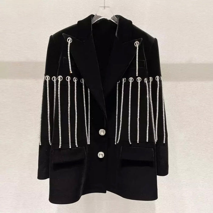 Women's Blazer Loose Notched Long Sleeve Patchwork Diamonds Tassel