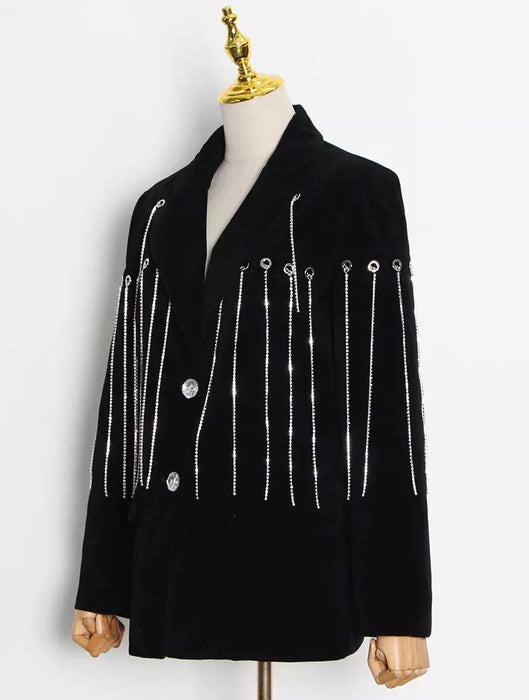 Women's Blazer Loose Notched Long Sleeve Patchwork Diamonds Tassel