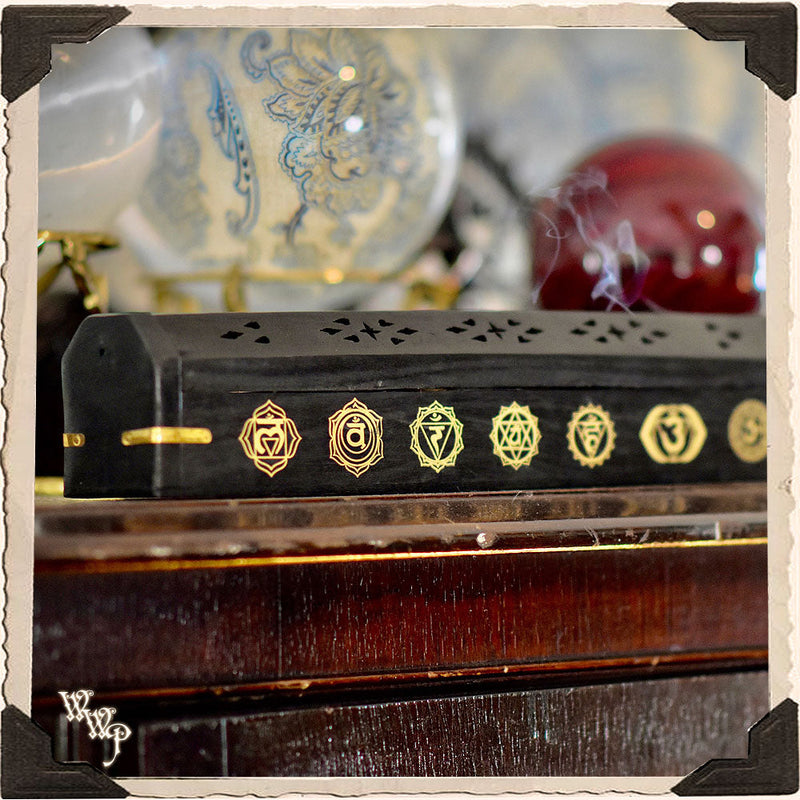 WhiteWitchParlour.com CHAKRA SYMBOLS BLACK COFFIN BOX. Wooden Incense Burner for Incense Stick & Cone Holder. Tools & Accessories
