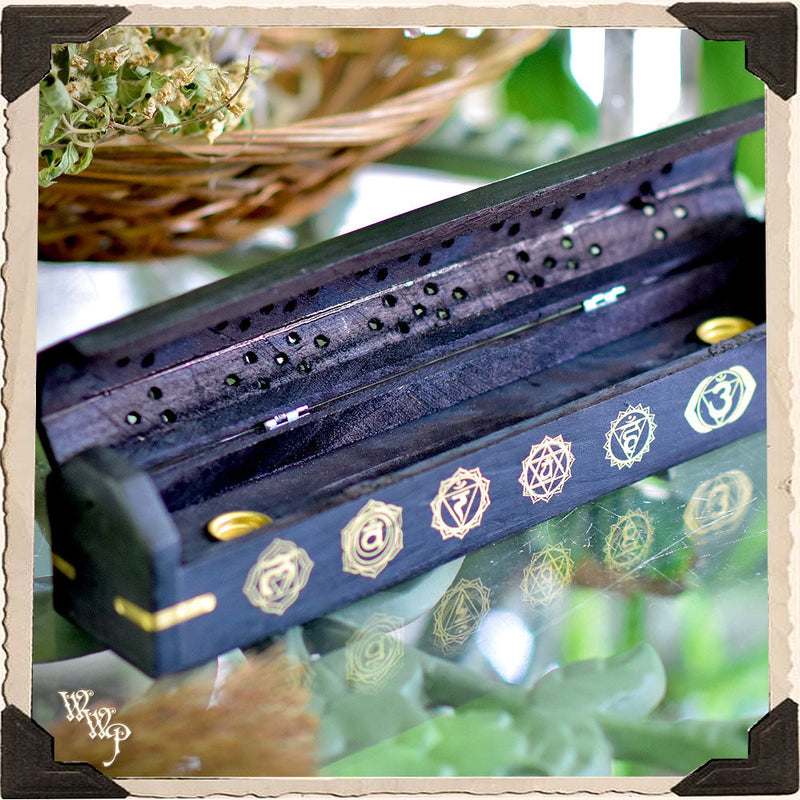 WhiteWitchParlour.com CHAKRA SYMBOLS BLACK COFFIN BOX. Wooden Incense Burner for Incense Stick & Cone Holder. Tools & Accessories