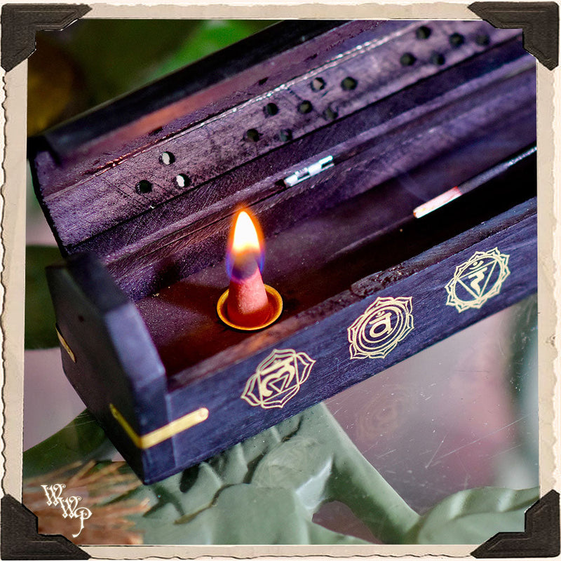 WhiteWitchParlour.com CHAKRA SYMBOLS BLACK COFFIN BOX. Wooden Incense Burner for Incense Stick & Cone Holder. Tools & Accessories