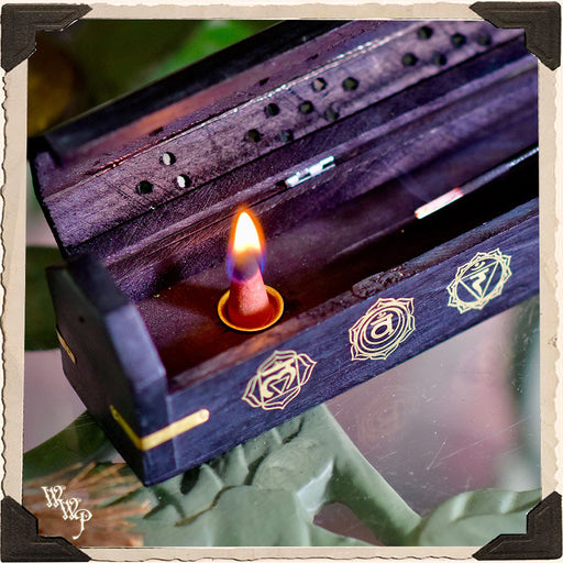WhiteWitchParlour.com CHAKRA SYMBOLS BLACK COFFIN BOX. Wooden Incense Burner for Incense Stick & Cone Holder. Tools & Accessories Black