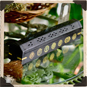 WhiteWitchParlour.com CHAKRA SYMBOLS BLACK COFFIN BOX. Wooden Incense Burner for Incense Stick & Cone Holder. Tools & Accessories