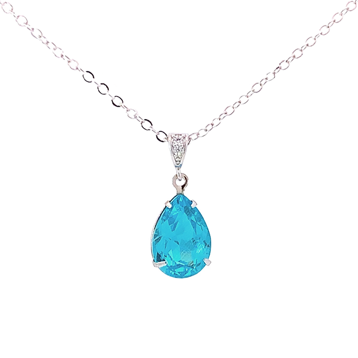 Blue Zircon Crystal Teardrop Necklace