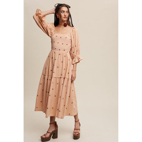 Ditzy Floral Embroidery Puff Sleeve Maxi Dress