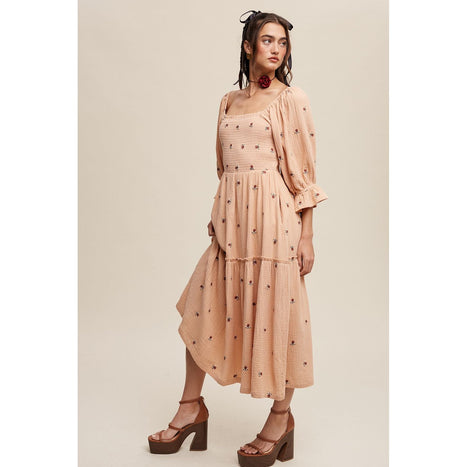 Ditzy Floral Embroidery Puff Sleeve Maxi Dress