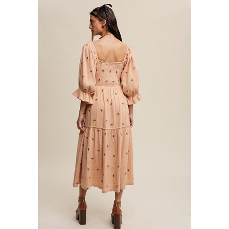 Ditzy Floral Embroidery Puff Sleeve Maxi Dress