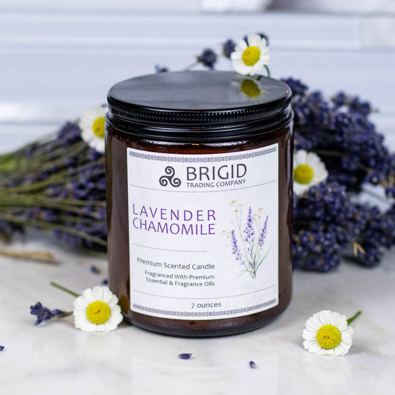 Brigid Trading Company Lavender Chamomile Soy Wax Candle - Lavender and Chamomile Premium Scented Candle Light Gray 7oz amber jar