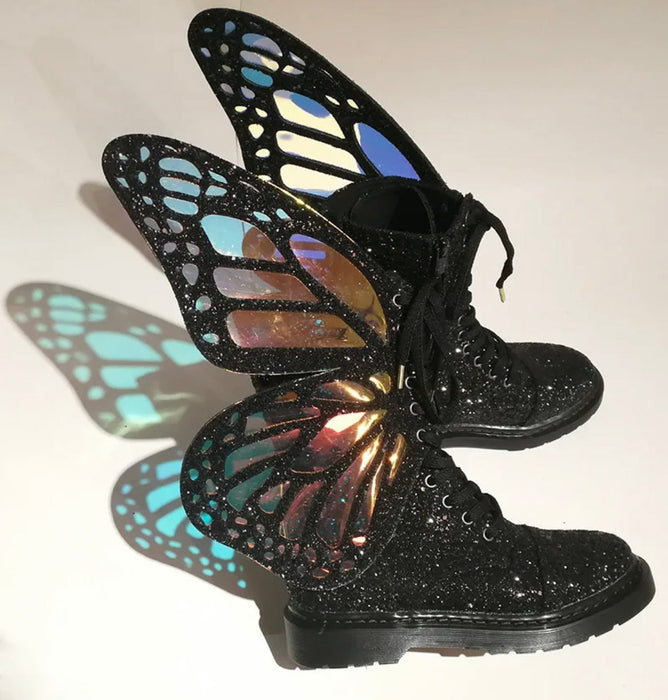 Butterfly Wings Shine Silver Leather Flat Women's Sneakers