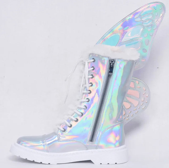 Butterfly Wings Shine Silver Leather Flat Women's Sneakers