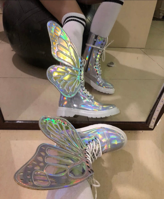 Butterfly Wings Shine Silver Leather Flat Women's Sneakers