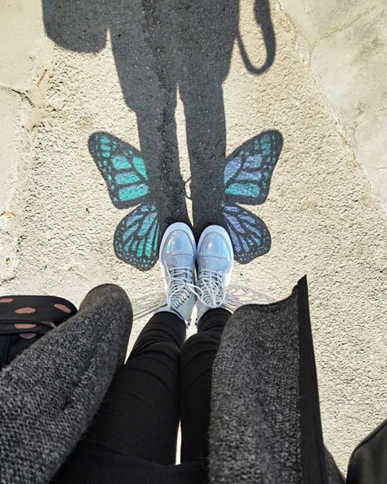 Butterfly Wings Shine Silver Leather Flat Women's Sneakers