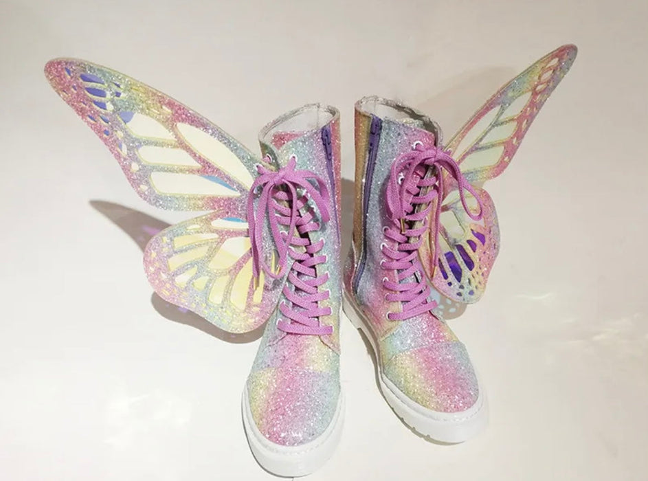 Butterfly Wings Shine Silver Leather Flat Women's Sneakers