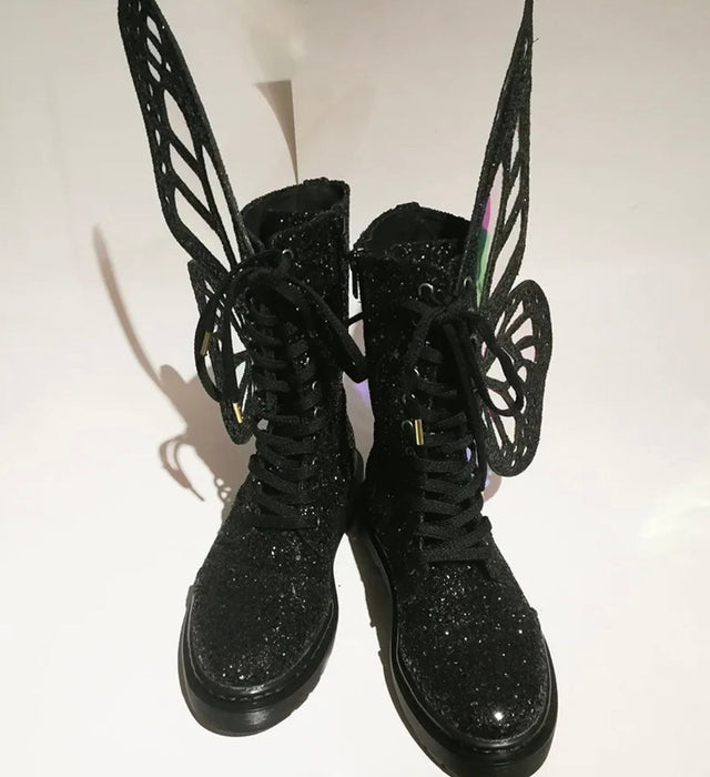 Butterfly Wings Shine Silver Leather Flat Women's Sneakers