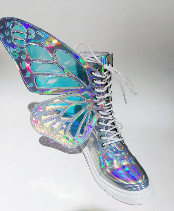 Butterfly Wings Shine Silver Leather Flat Women's Sneakers