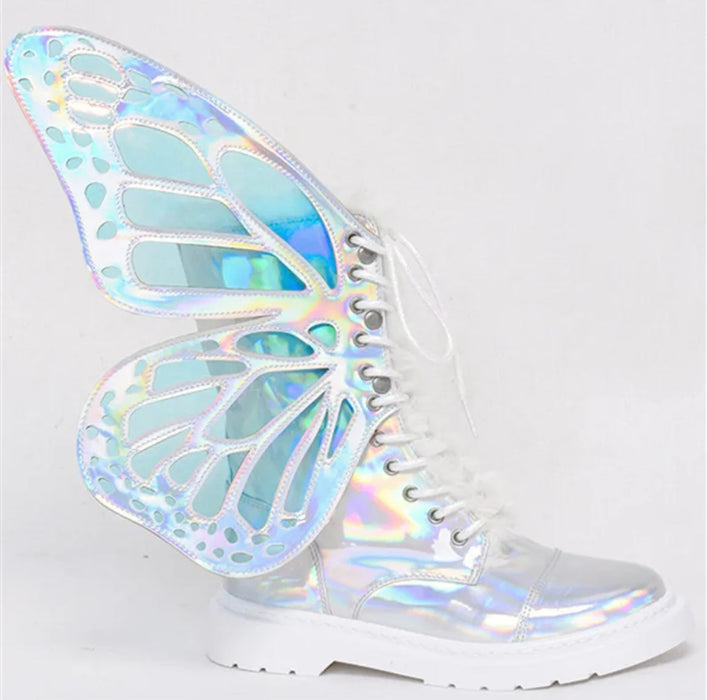 Butterfly Wings Shine Silver Leather Flat Women's Sneakers