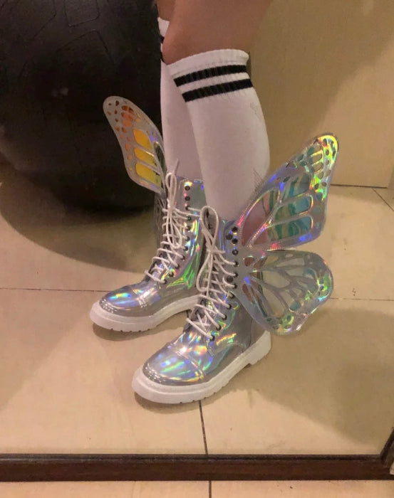 Butterfly Wings Shine Silver Leather Flat Women's Sneakers