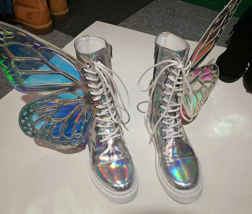 Butterfly Wings Shine Silver Leather Flat Women's Sneakers