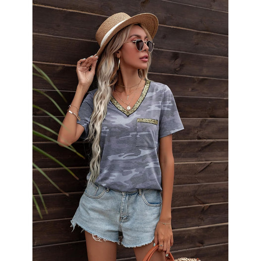 Glitter V-Neck Short Sleeve Tee Shirt