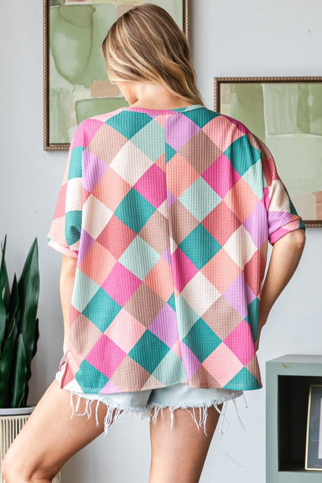 HOPELY Multi Colored Argyle Side Slit T-Shirt