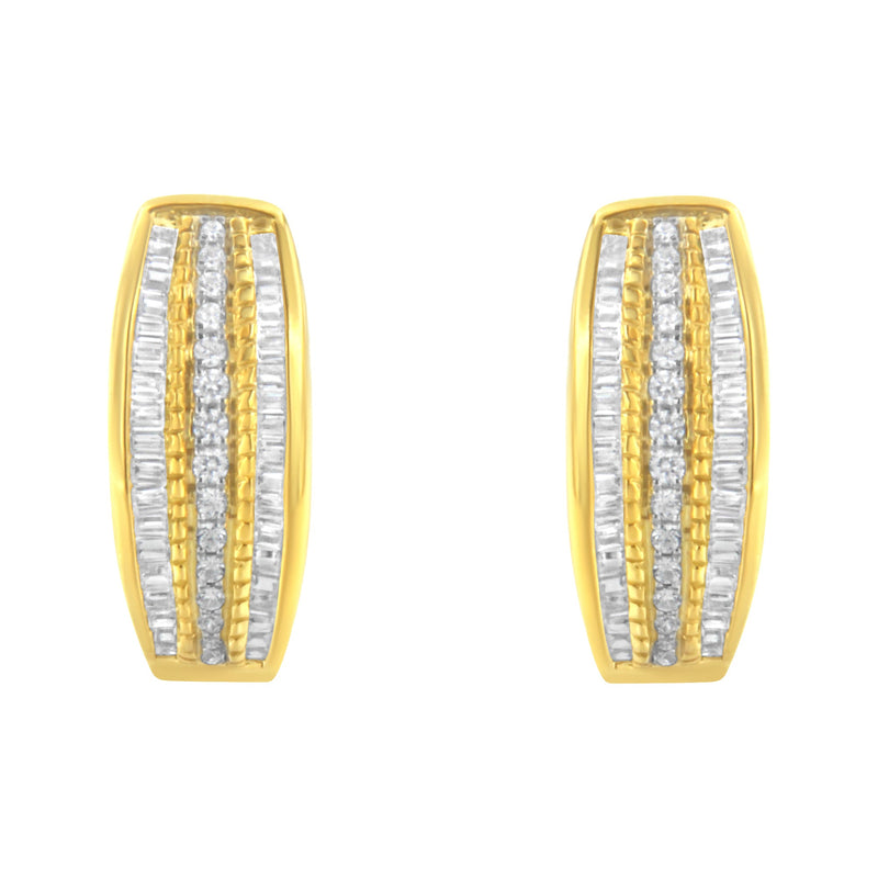Bids.com 10K Yellow Gold 3/4 Cttw Pave and Channel Set Diamond Triple Row Modern Hoop Earrings (I-J Color, I2-I3 Clarity) Earrings