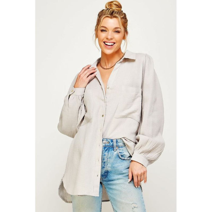 TEXTURED GAUZE BUTTON DOWN PUFF SLEEVES BLOUSE TOP