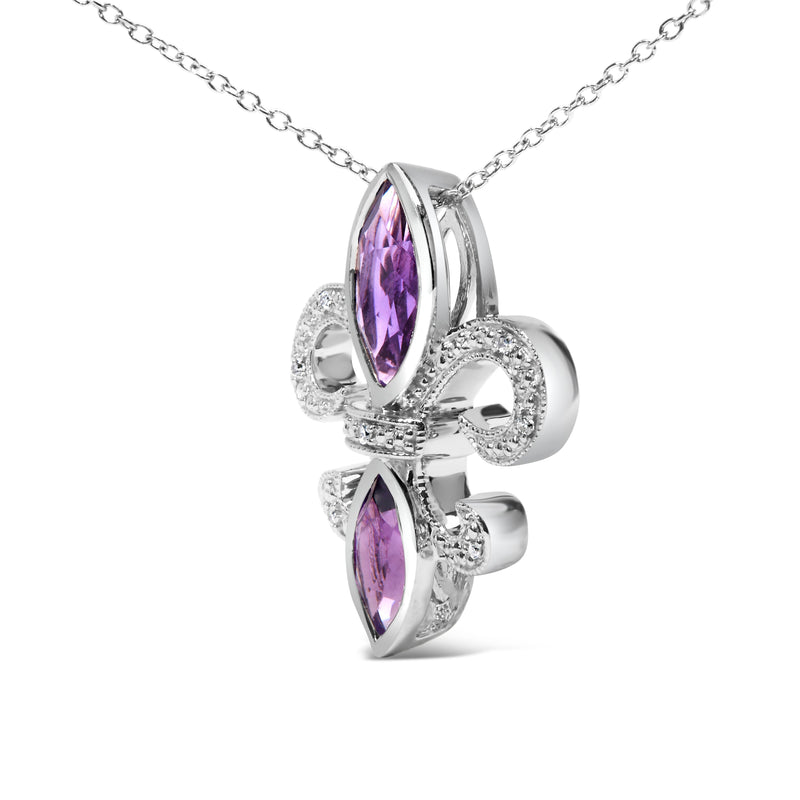 Bids.com .925 Sterling Silver Purple Amethyst Marquise and Diamond Accent Fleur De Lis Pendant Necklace (H-I Color, SI1-SI2 Clarity) - Size 18" Necklaces