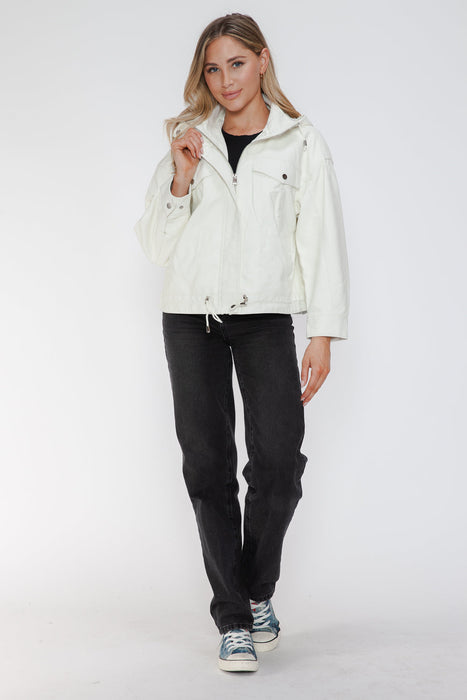 Drawstring Hem PU Leather Zip Up Jacket