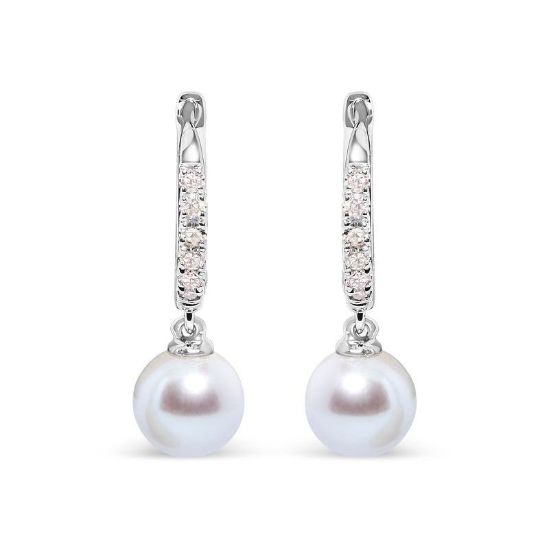 Bids.com 10K White Gold 6x6 MM Cultured Freshwater Pearl and Diamond Accent Drop Huggy Earring (H-I Color, I1-I2 Clarity) Earrings