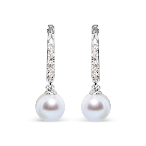 Bids.com 10K White Gold 6x6 MM Cultured Freshwater Pearl and Diamond Accent Drop Huggy Earring (H-I Color, I1-I2 Clarity) Earrings