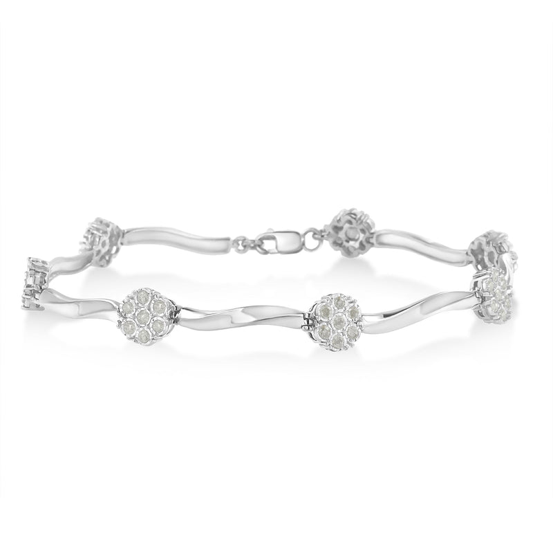 Bids.com .925 Sterling Silver 1.0 Cttw Diamond Cluster Miracle-Set Station & Twisted Bar 7" Tennis Bracelet (H-I Color, I1-I2 Clarity) Bracelets