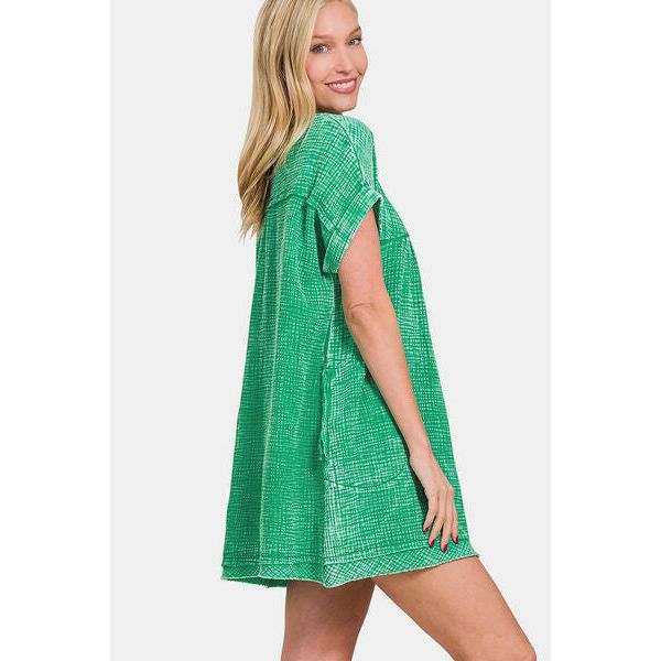 Zenana Washed Notched Short Sleeve Mini Dress