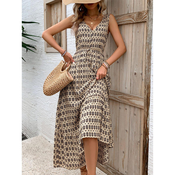 Printed V-Neck Tie Waist Midi Dress