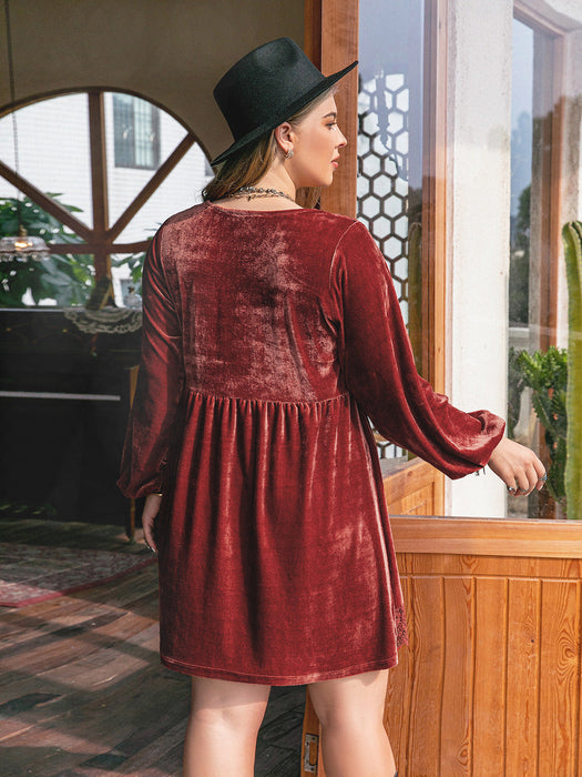 Plus Size Lace Detail V-Neck Long Sleeve Mini Dress in Rust