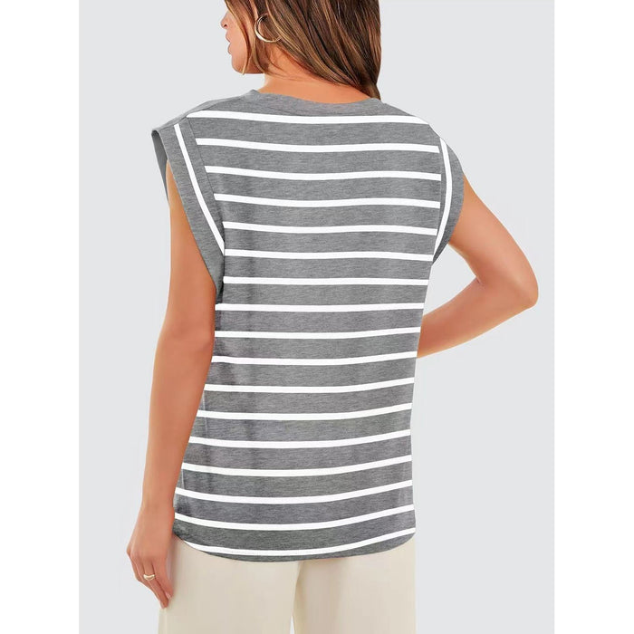 Striped Round Neck Cap Sleeve T-Shirt