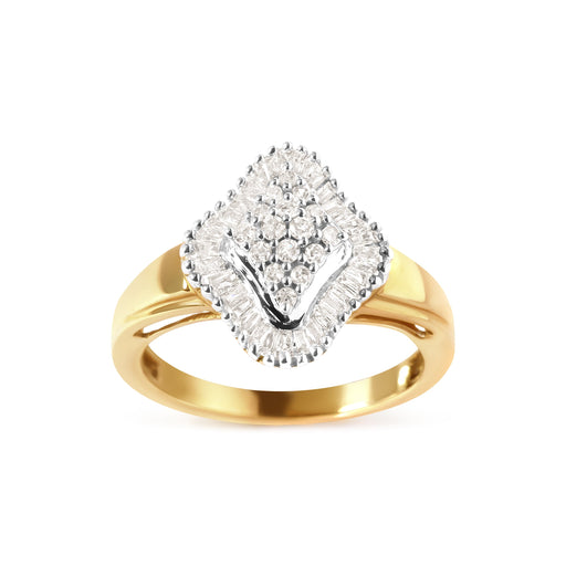 Bids.com 10K Yellow Gold 1/2 Cttw Round And Baguette-cut Diamond Rhombus Head and Halo Ring (I-J Color, I1-I2 Clarity) - Ring Size 7 Rings