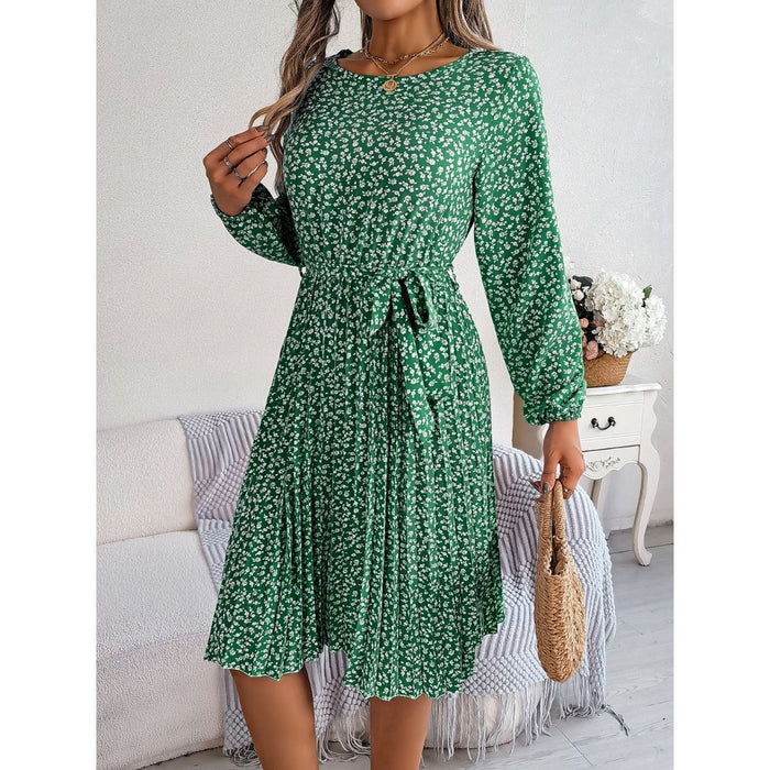 Ditsy Floral Tie Waist Pleated Dress