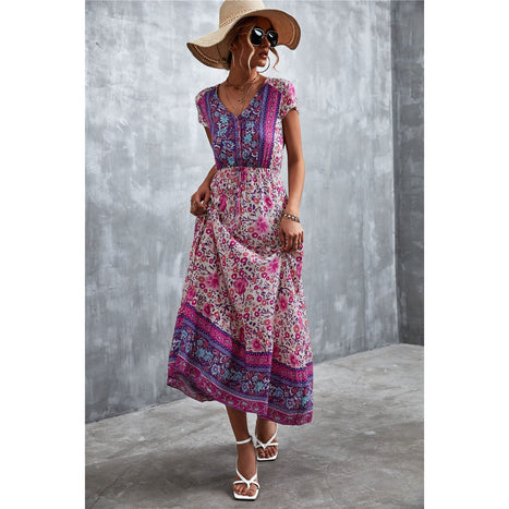 V-Neck Short Sleeve Printed Maxi Dress