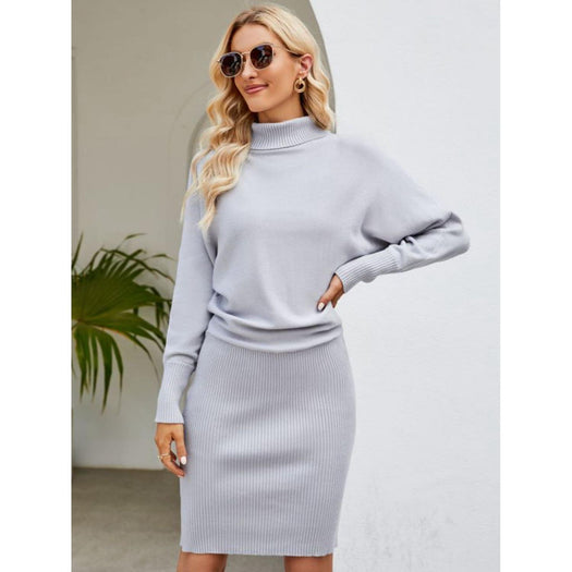 Turtle Neck Long Sleeve Ribbed Sweater Dress