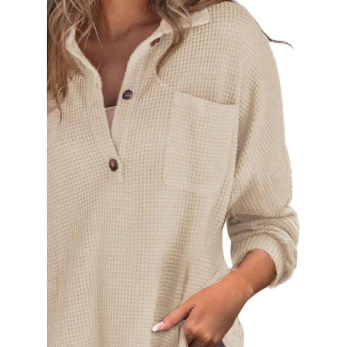 Waffle-Knit Dropped Shoulder Long Sleeve Sweatshirt