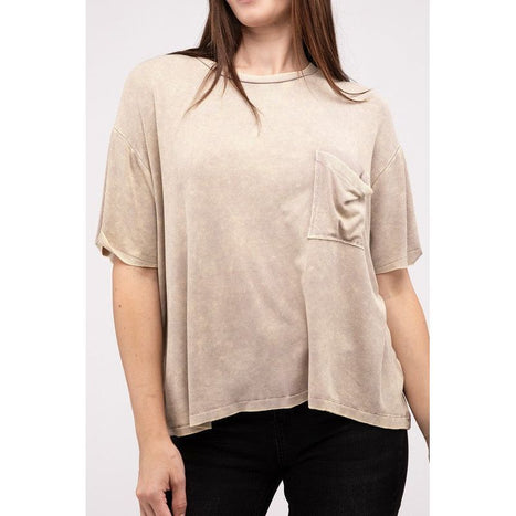 Washed Ribbed Cuffed Short Sleeve Round Neck Top