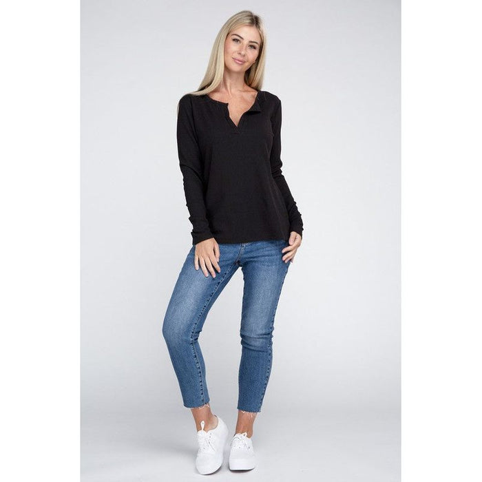 Melange Baby Waffle V-Neck Long Sleeve Top