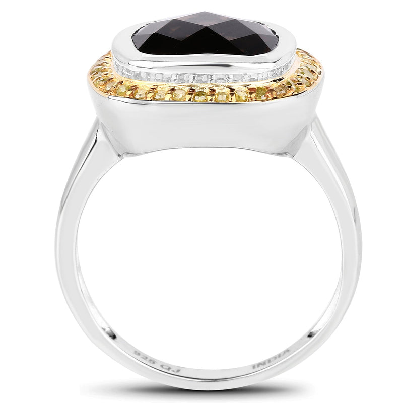 Bids.com 3.67 Carat Genuine Smoky Quartz and Yellow Diamond .925 Sterling Silver Ring Rings