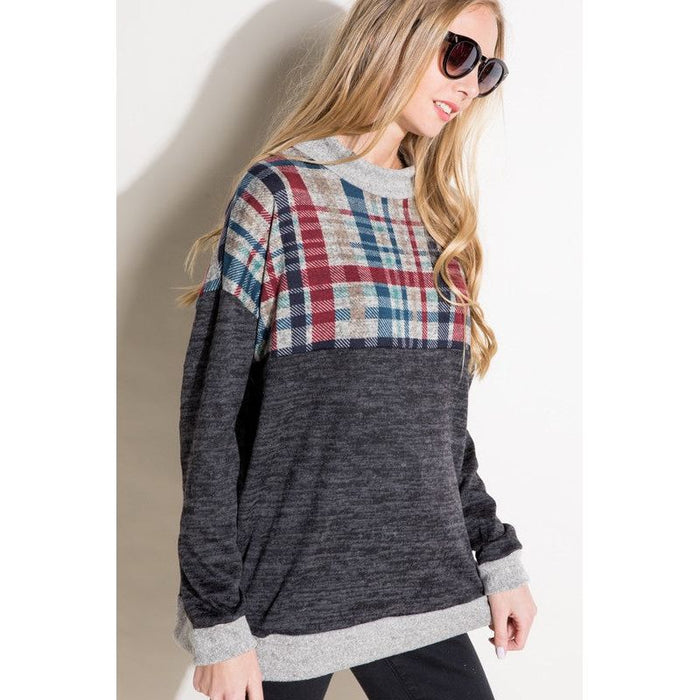 Plus Solid Plaid Mock Neck Top