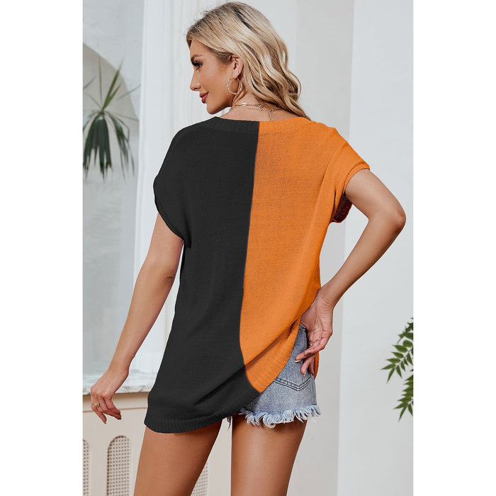 Color Block V-Neck Short Sleeve Knit Top