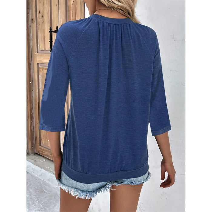 Ruched Heathered V-Neck Three-Quarter Sleeve T-Shirt